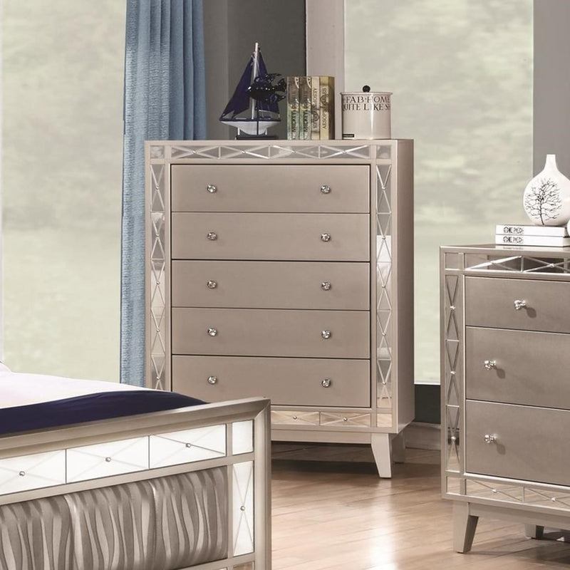 Wooden Chest with 5 Drawers, Mercury Silver By Benzara | Bedroom Sets | Modishstore