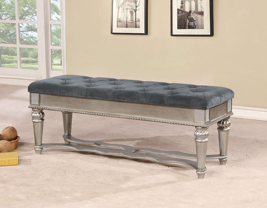 Traditional Style Solid Wooden Bench with Tufted Seat, Silver and Blue By Benzara | Benches | Modishstore