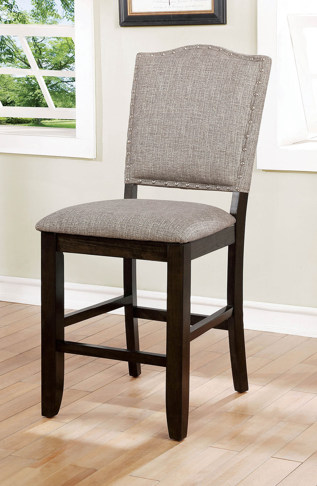 Fabric Upholstered Wooden Counter Height Chair with Camelback, Pack of Two, Gray and Brown By Benzara | Dining Chairs | Modishstore