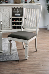 Wooden Side Chair with Fabric Upholstered Padded Seat, Pack of Two, Antique White and Gray By Benzara