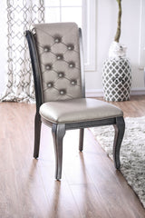 Button Tufted Leatherette Upholstered Wooden Side Chair with Scrolled Back, Pack of Two, Gray By Benzara