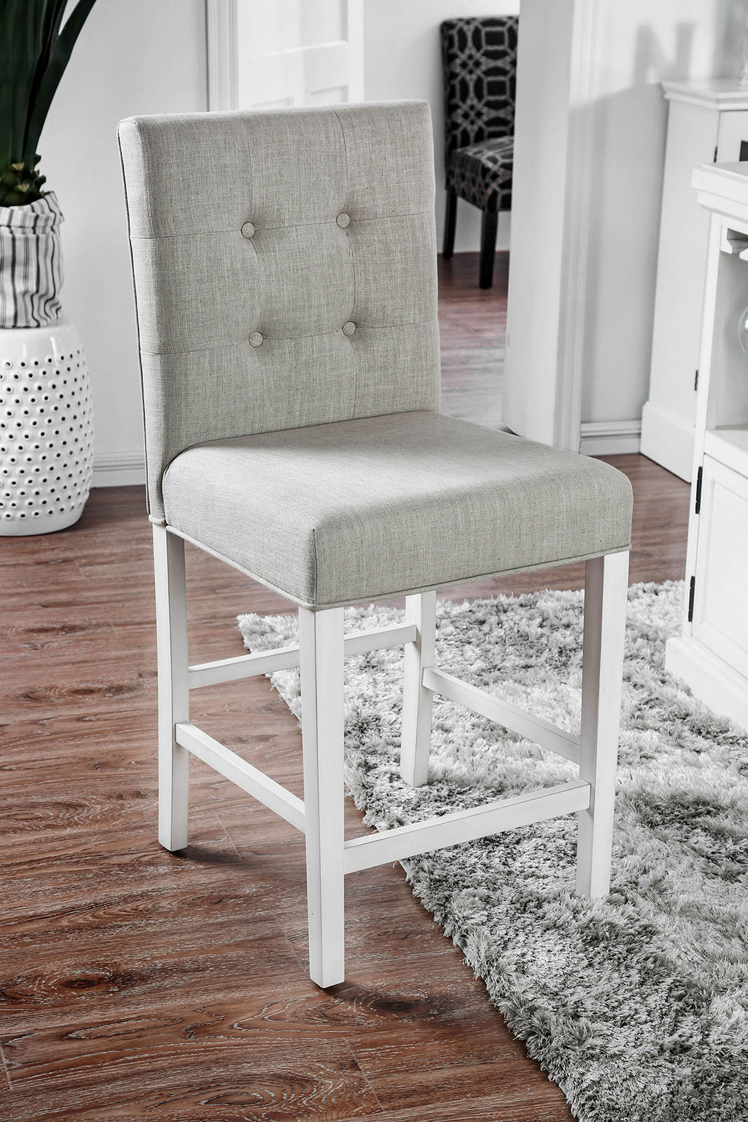 Fabric Upholstered Solid Wood Counter Height Chair, White and Gray, Pack of Two By Benzara | Bar Stools | Modishstore