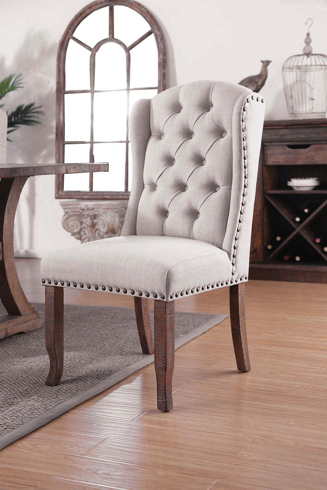 Button Tufted Fabric Upholstery Wingback Chair, Cream And Brown, Pack Of Two By Benzara | Bar Stools | Modishstore