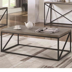 Industrial Style Minimal Coffee Table With Wooden Top And Metallic Base, Gray By Benzara