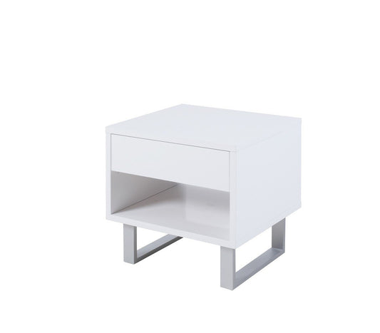 Contemporary Storage End Table With Metallic Base, Glossy White By Benzara | End Tables | Modishstore