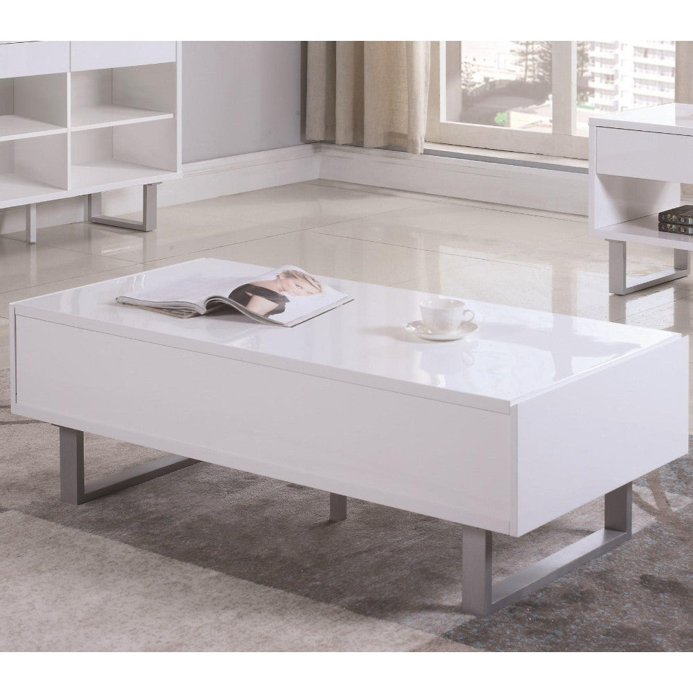 Contemporary Storage Coffee Table With Metallic Base, Glossy White By Benzara | Coffee Tables | Modishstore