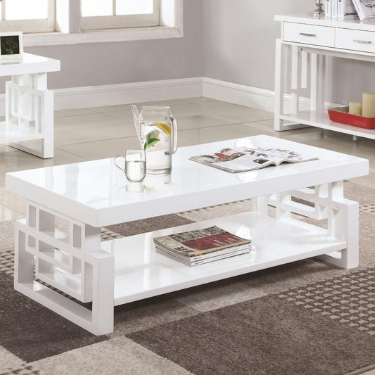 Contemporary Wooden Coffee End Table With Designer Sides & Shelf, Glossy White By Benzara | End Tables | Modishstore