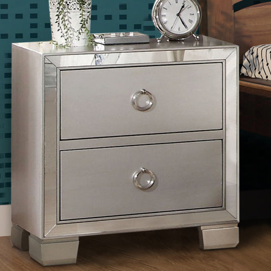 Two Drawer Nightstand With Mirror Insert Front Trim, Platinum By Benzara | Bedroom Sets | Modishstore