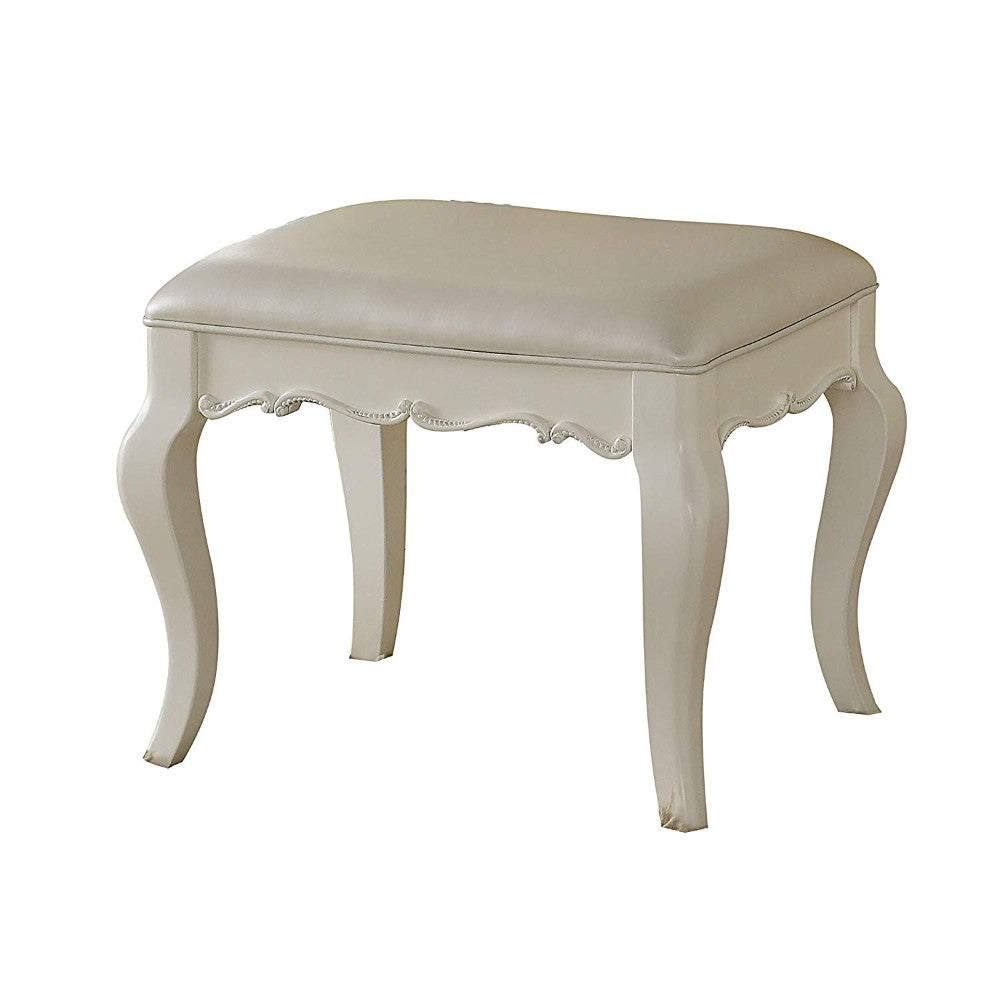 Traditional Style Wood and Leatherette Vanity Stool with Padded Seat, White By Benzara | Stools | Modishstore