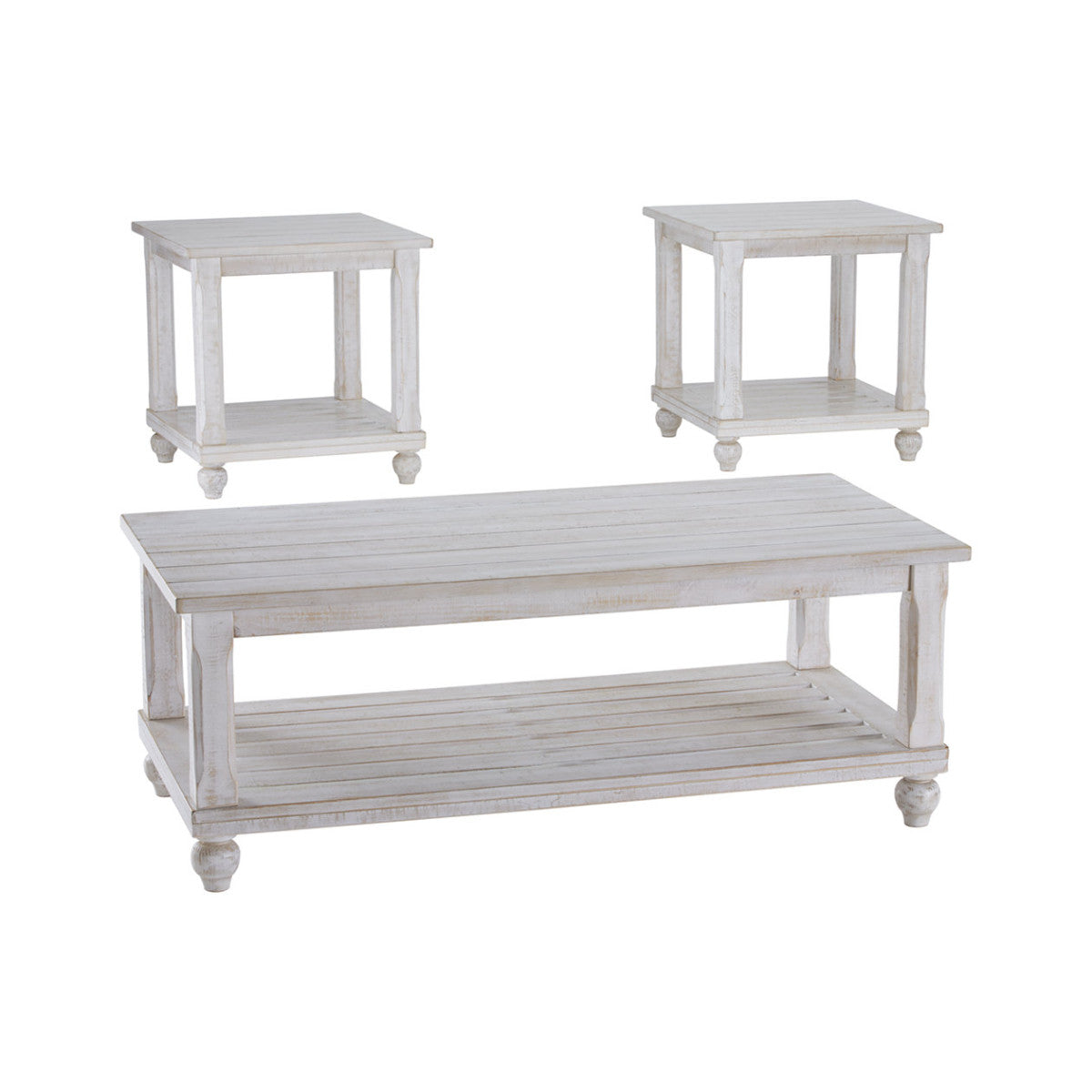 Plank Style Wooden Table Set with Slatted Lower Shelf and Bun Feet, Set of Three, White By Benzara | Accent Tables | Modishstore - 2