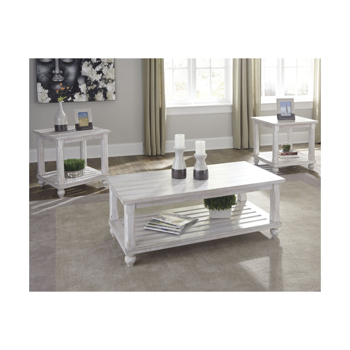 Plank Style Wooden Table Set with Slatted Lower Shelf and Bun Feet, Set of Three, White By Benzara | Accent Tables | Modishstore