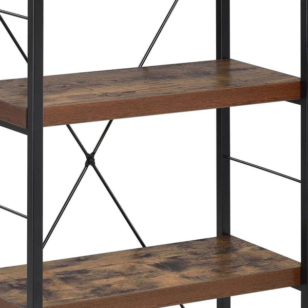 Four Tiered Metal Framed Wooden Bookshelf, Weathered Oak Brown and Black By Benzara | Bookcases | Modishstore - 4