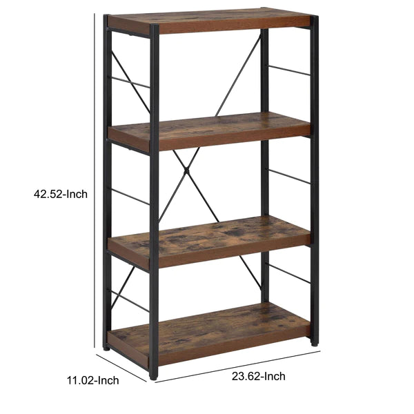 Four Tiered Metal Framed Wooden Bookshelf, Weathered Oak Brown and Black By Benzara | Bookcases | Modishstore - 2