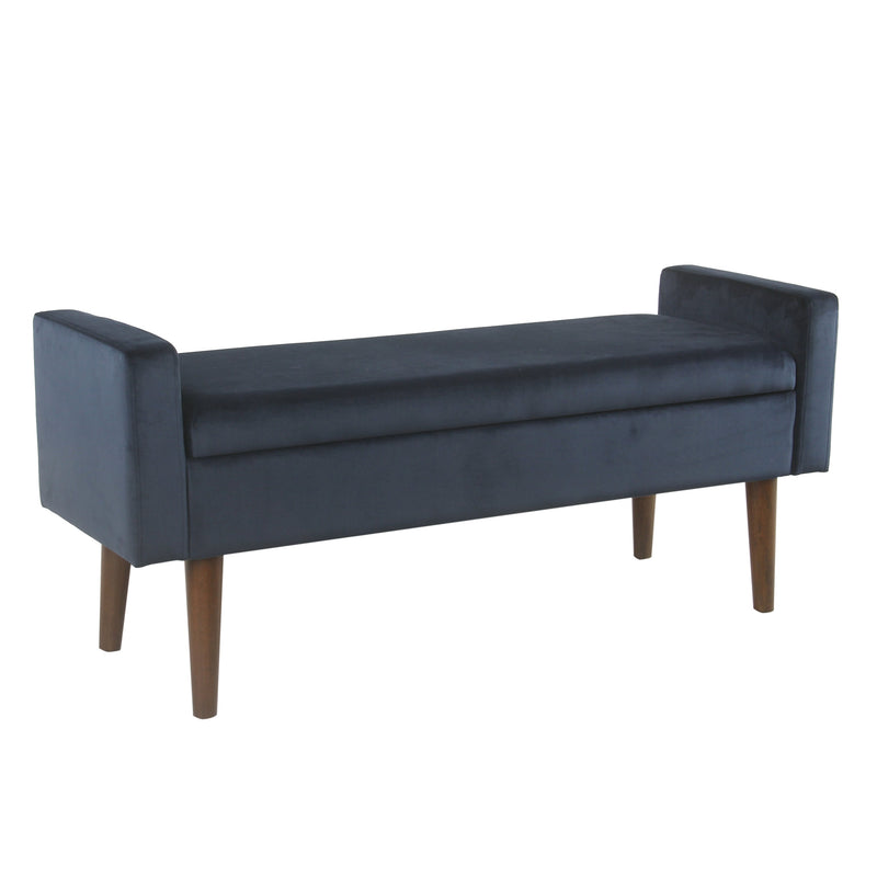 Velvet Upholstered Wooden Bench with Lift Top Storage and Tapered Feet, Navy Blue By Benzara | Benches | Modishstore