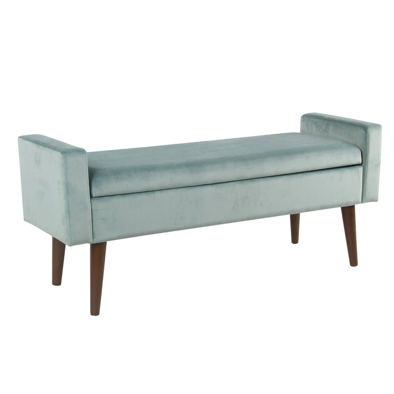 Velvet Upholstered Wooden Bench with Lift Top Storage and Tapered Feet, Aqua Blue By Benzara | Benches | Modishstore