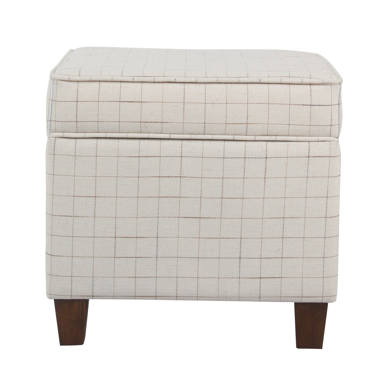 Wooden Square Ottoman with Grid Patterned Fabric Upholstery and Hidden Storage, Beige and Brown By Benzara | Ottomans | Modishstore