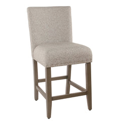 Fabric Upholstered Wooden Counter Stool with Striking Nail head Trims, Gray and Brown By Benzara