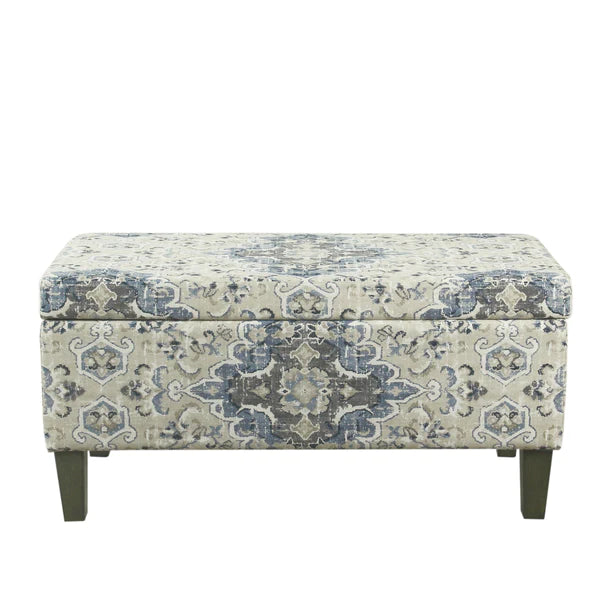 Medallion Print Fabric Upholstered Wooden Bench With Hinged Storage, Large, Blue and Cream By Benzara | Benches | Modishstore