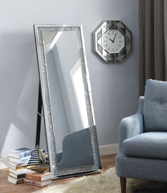 Faux Crystal Accented Wooden Floor Mirror, Clear and Silver By Benzara | Mirrors | Modishstore