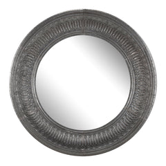 Round Wall Mirror with Thick Embossed Metal Border, Antique Gray By Benzara