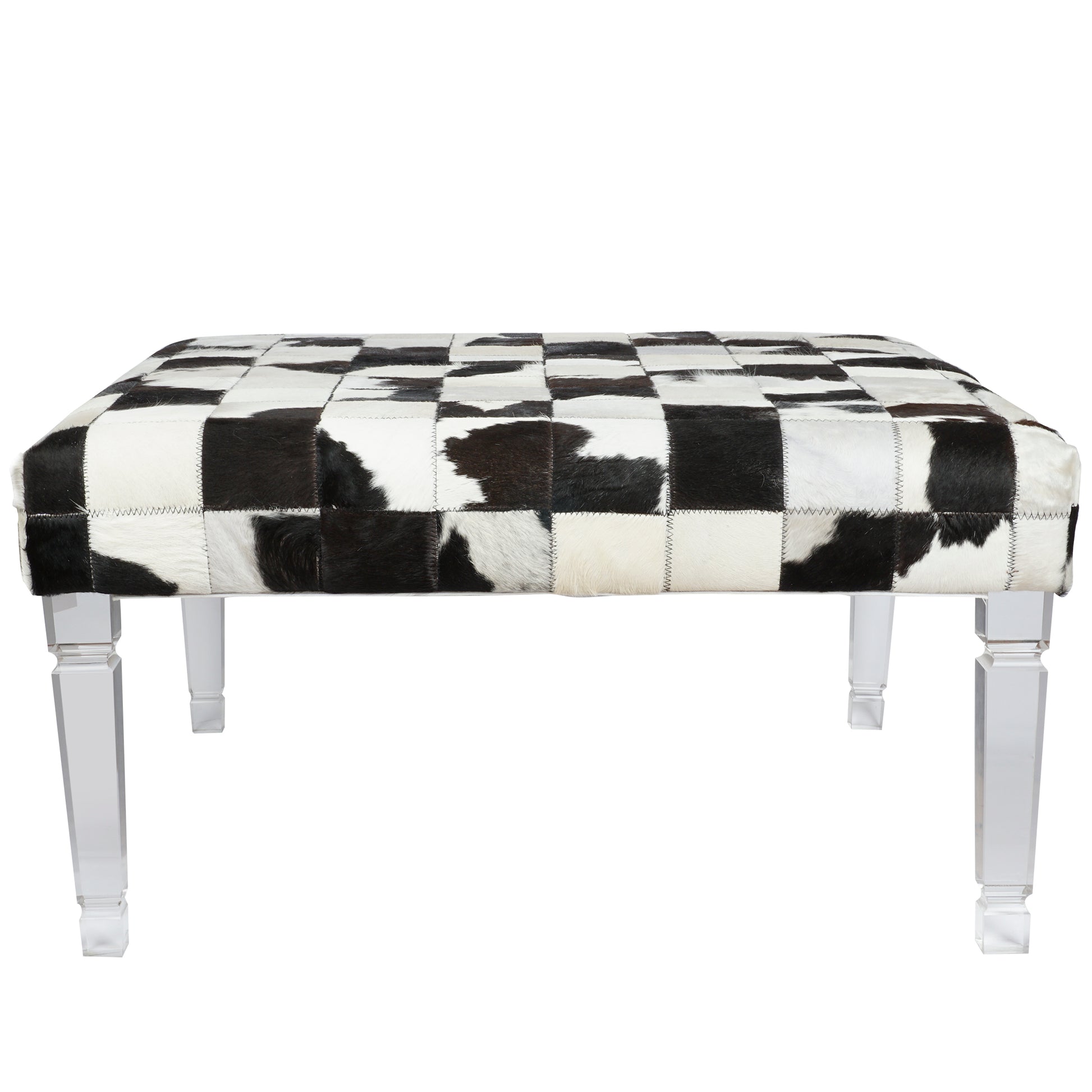 Cow Hide Upholstered Bench with Acrylic Legs, White and Black By Benzara | Benches | Modishstore