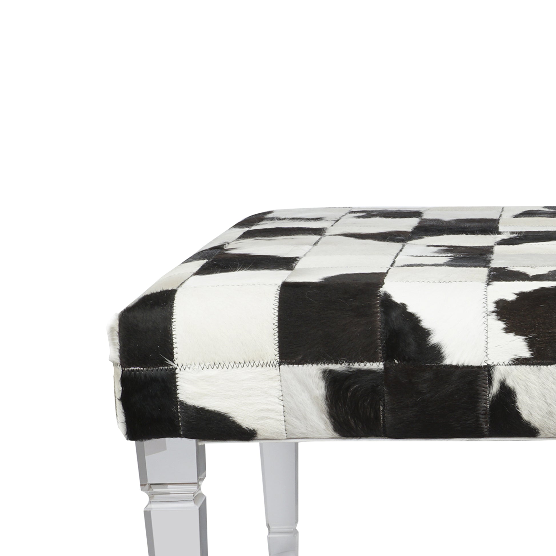 Cow Hide Upholstered Bench with Acrylic Legs, White and Black By Benzara | Benches | Modishstore - 3