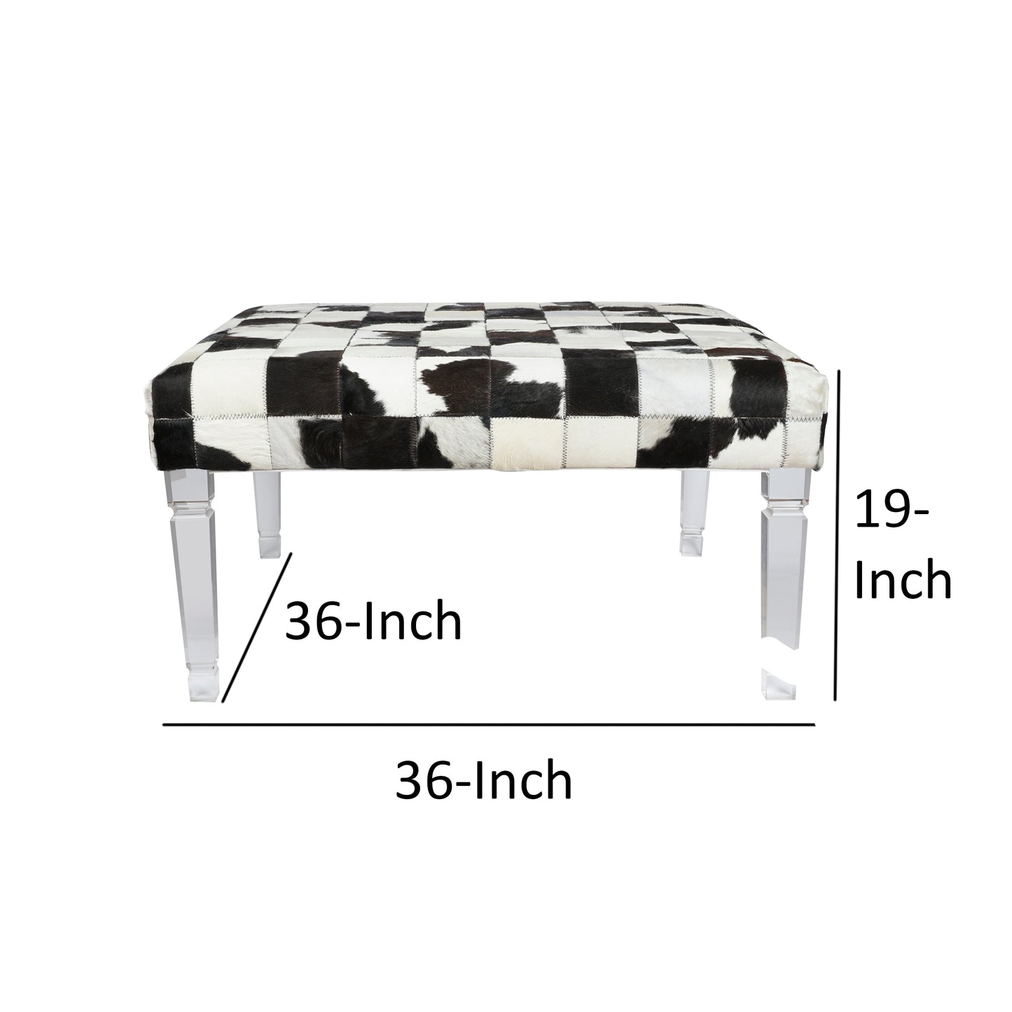 Cow Hide Upholstered Bench with Acrylic Legs, White and Black By Benzara | Benches | Modishstore - 5