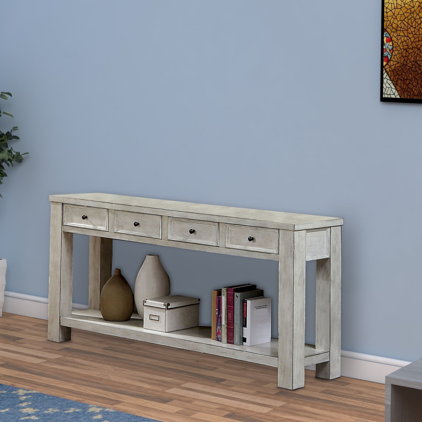 Transitional Wooden Console Table with 4 Drawers and Open Shelf, White By Benzara | Console Tables | Modishstore