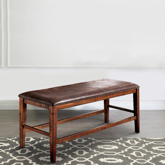 Wood and Faux leather Counter Height Bench with Nailhead Trims, Brown By Benzara | Benches | Modishstore