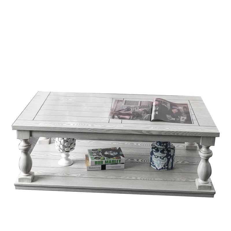 Plank Top Coffee Table with Open Shelf and Turned Legs, Antique White By Benzara | Coffee Tables | Modishstore