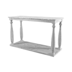 Plank Top Sofa Table with Open Shelf and Turned Legs, Antique White By Benzara