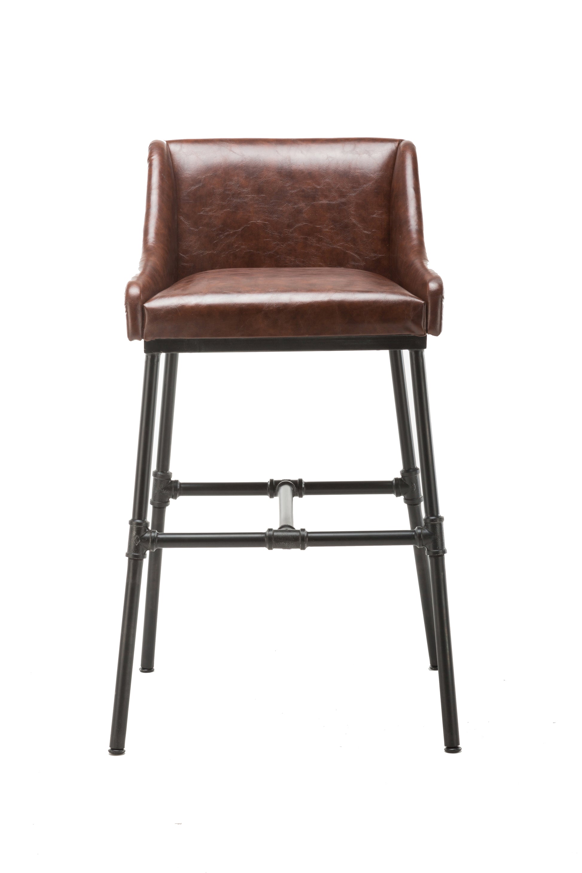 Leatherette Bar Stool with Riveted Metal Backing, Brown and Black By Benzara | Bar Stools | Modishstore - 5