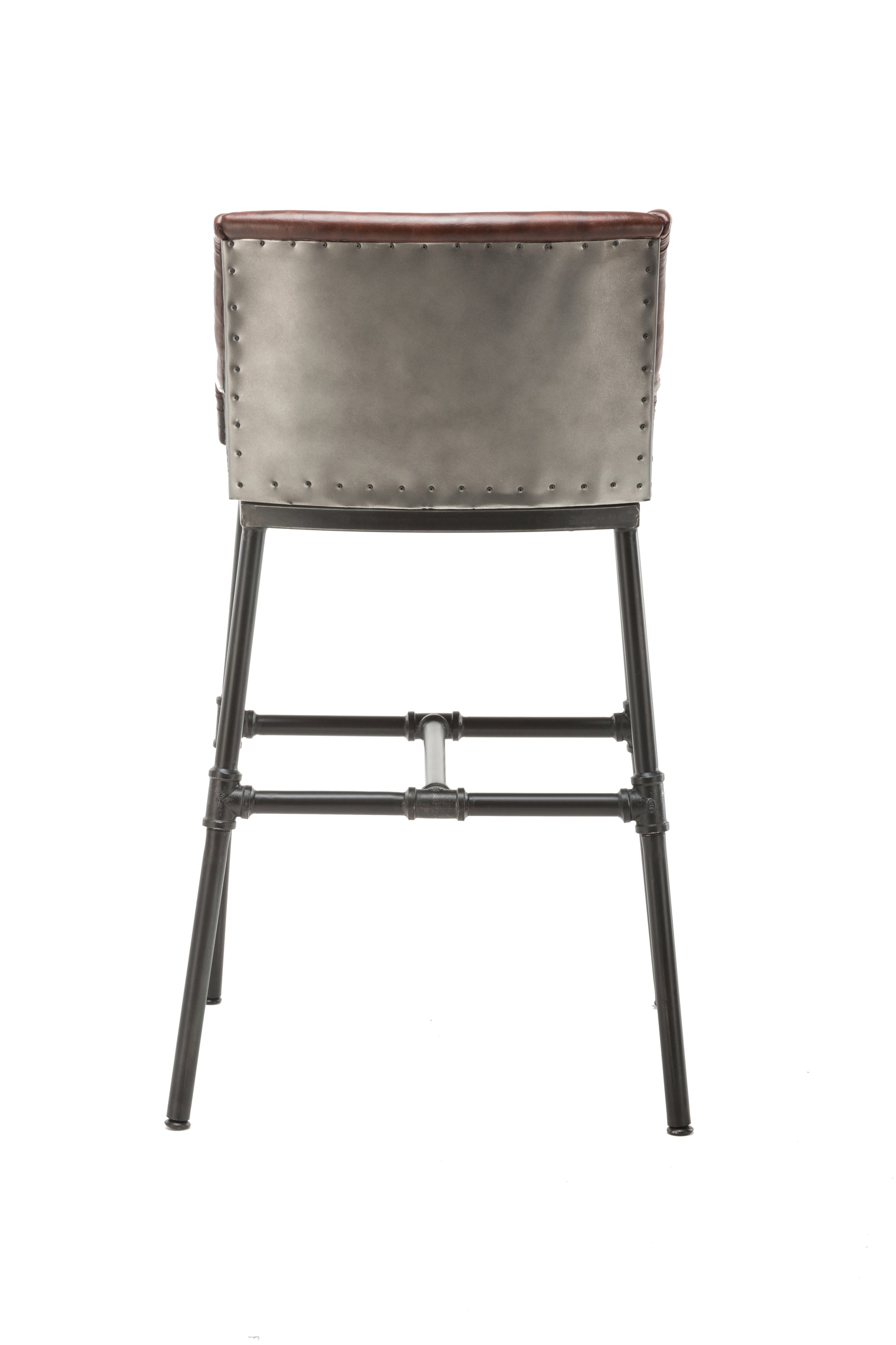 Leatherette Bar Stool with Riveted Metal Backing, Brown and Black By Benzara | Bar Stools | Modishstore - 4