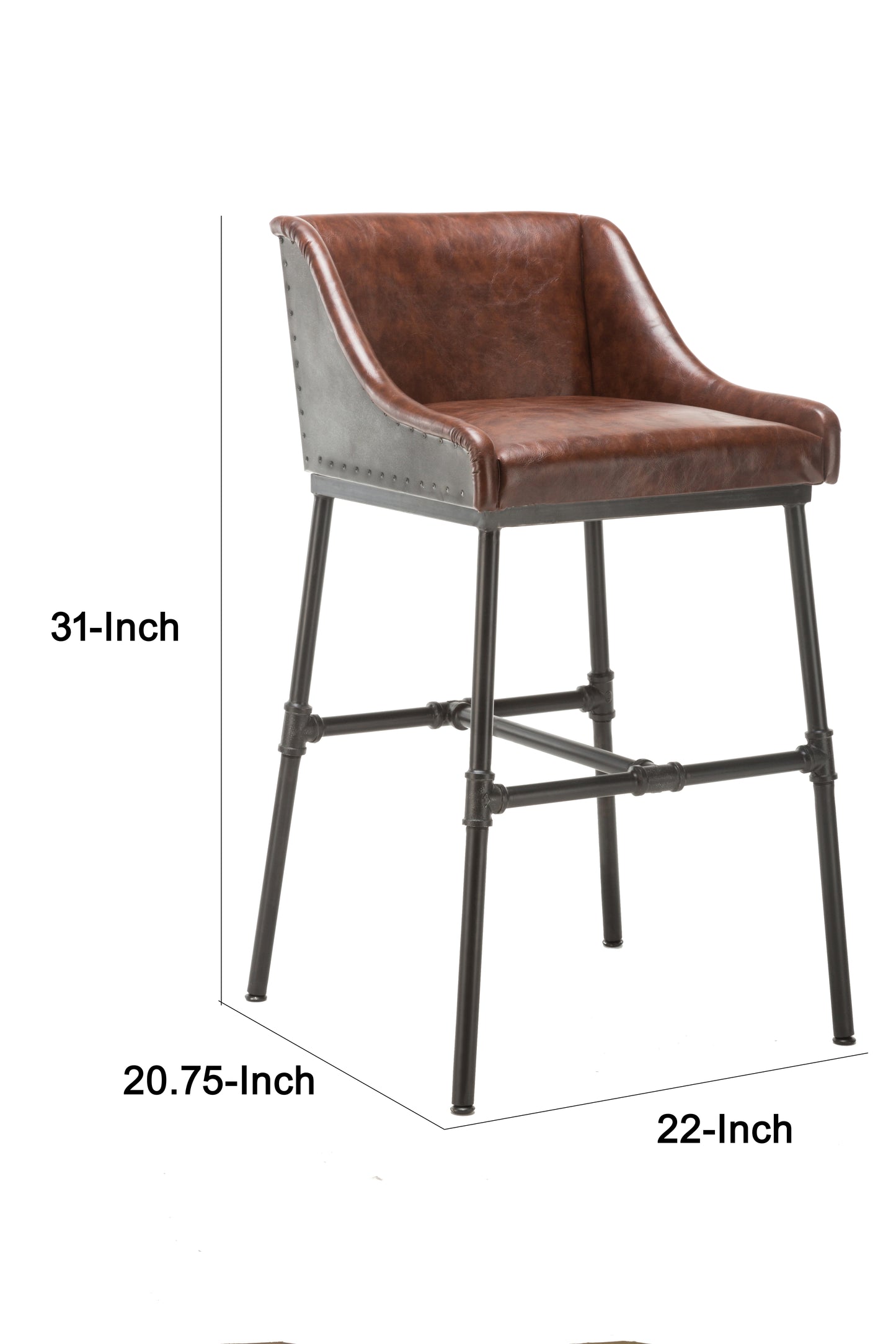 Leatherette Bar Stool with Riveted Metal Backing, Brown and Black By Benzara | Bar Stools | Modishstore - 6