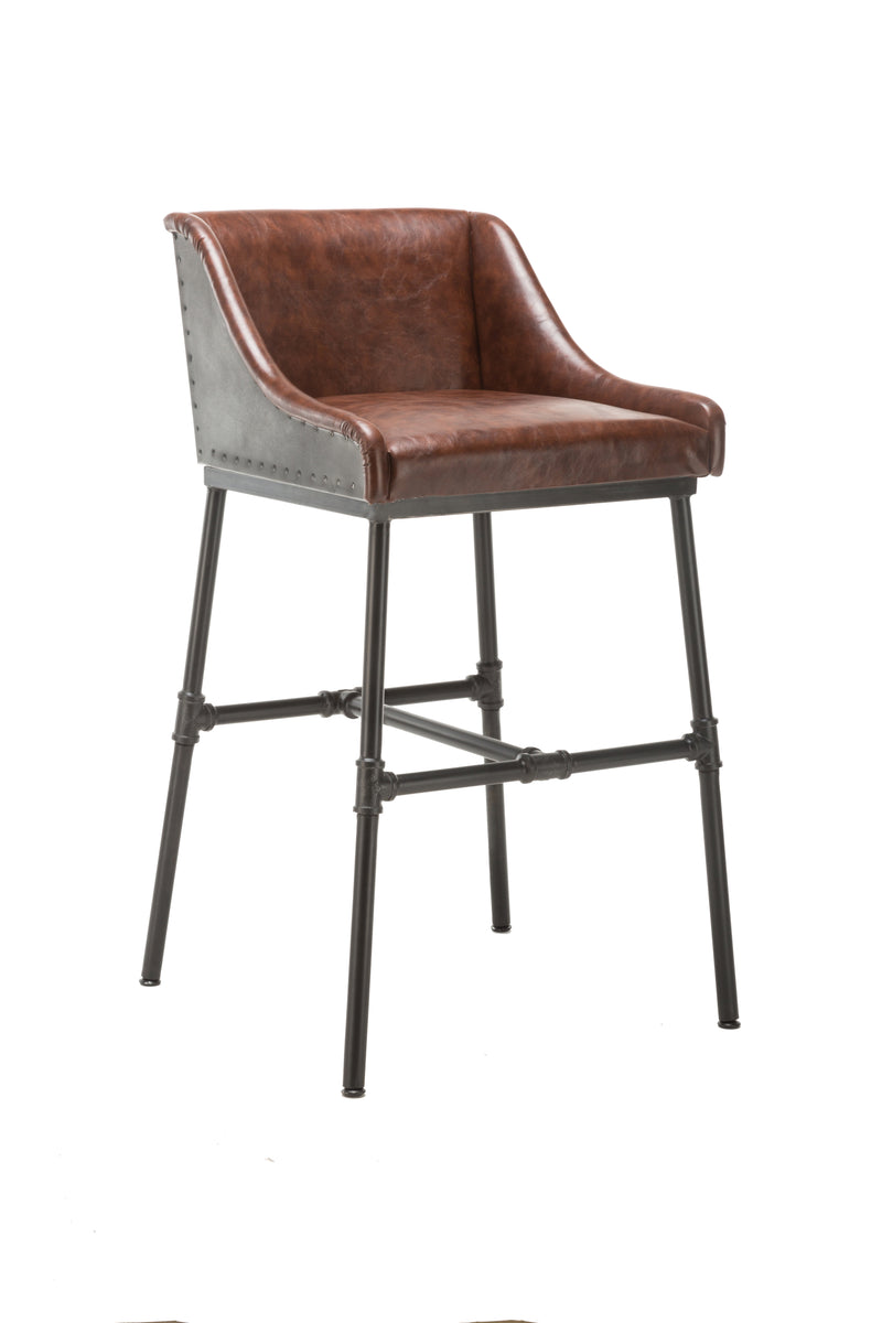 Leatherette Bar Stool with Riveted Metal Backing, Brown and Black By Benzara | Bar Stools | Modishstore