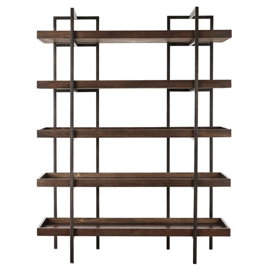 Bookcase with 5 Fixed Wooden Shelves and Metal Frame, Brown and Black By Benzara | Bookcases | Modishstore