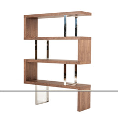 Zig Zag Wooden Frame Shelf Unit with Metal Braces Support, Brown and Silver By Benzara