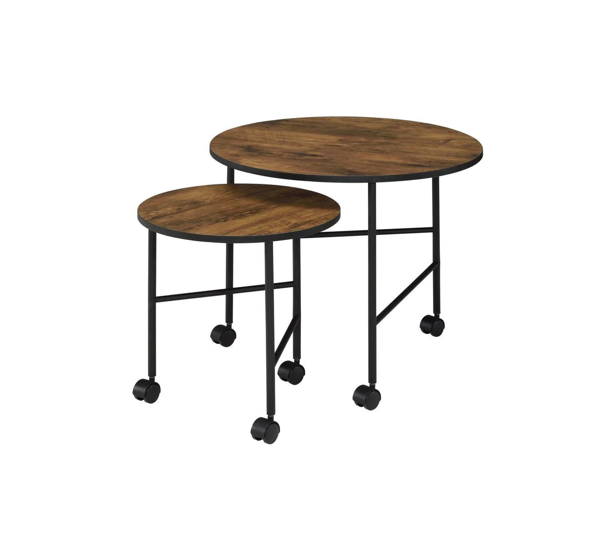 2 Piece Round Nesting End Table with Casters, Oak Brown and Black By Benzara | End Tables | Modishstore - 4