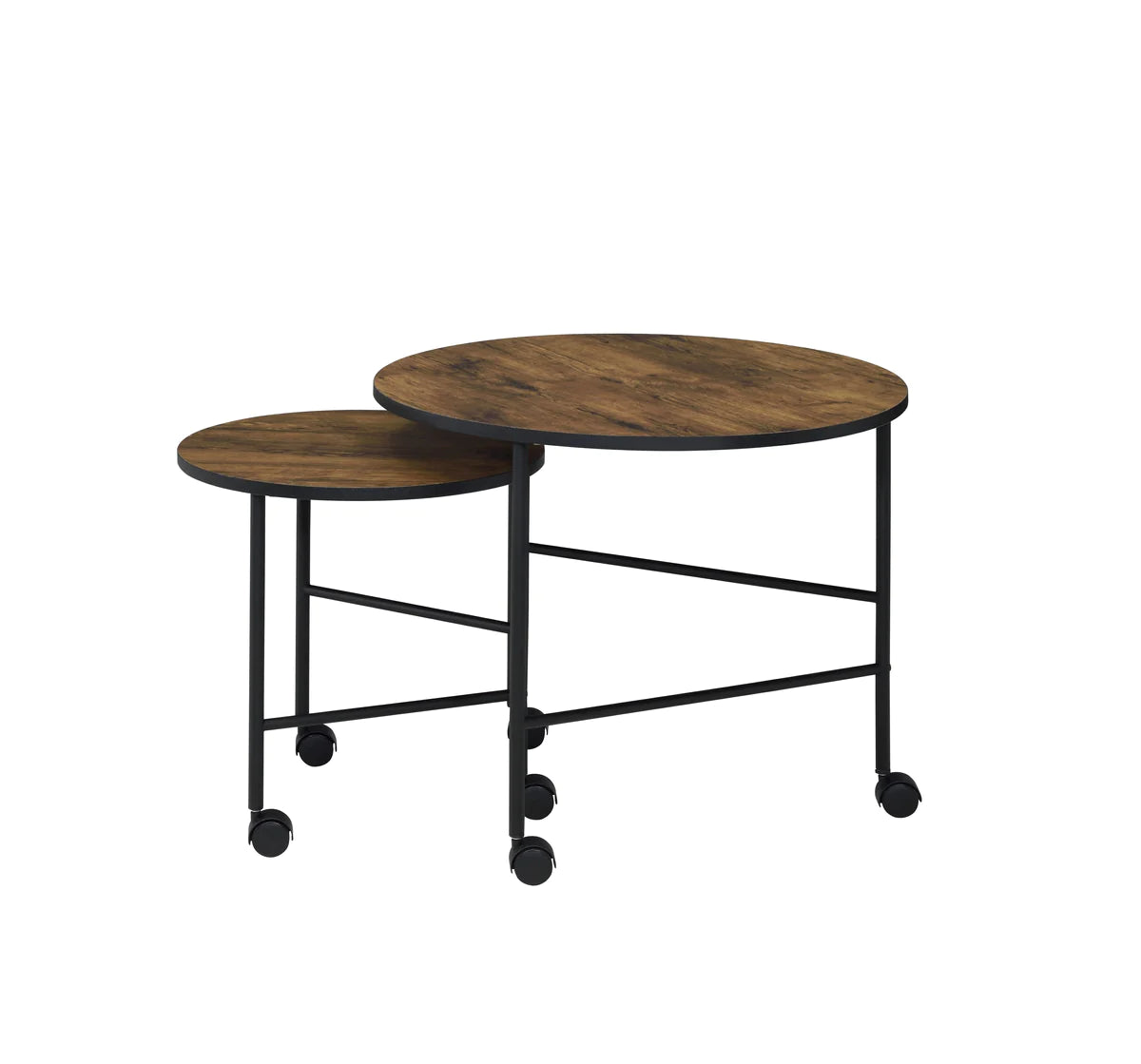 2 Piece Round Nesting End Table with Casters, Oak Brown and Black By Benzara | End Tables | Modishstore