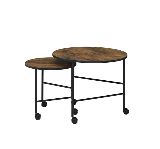 2 Piece Round Nesting End Table with Casters, Oak Brown and Black By Benzara | End Tables | Modishstore