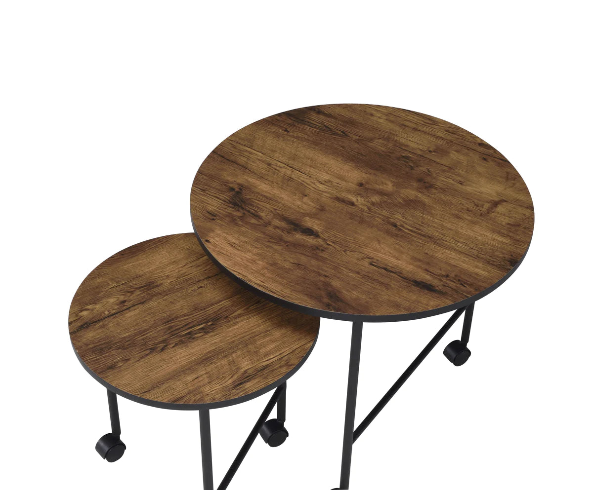 2 Piece Round Nesting End Table with Casters, Oak Brown and Black By Benzara | End Tables | Modishstore - 2