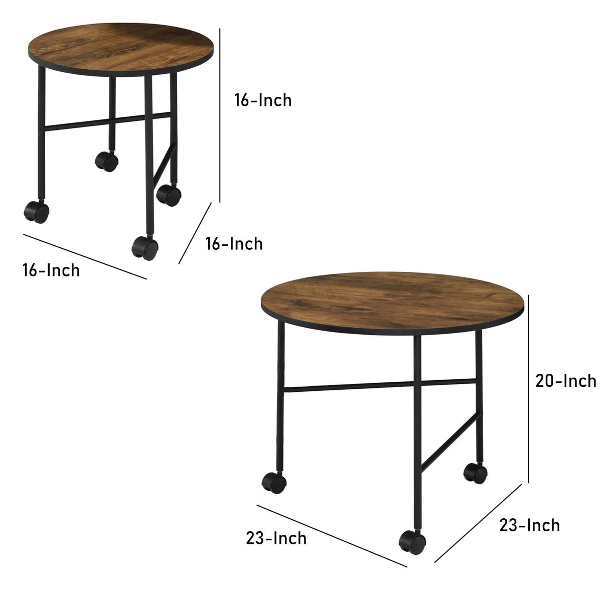 2 Piece Round Nesting End Table with Casters, Oak Brown and Black By Benzara | End Tables | Modishstore - 5