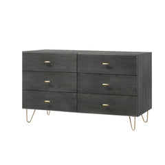 Wooden Dresser with 6 Drawers and Metal Hairpin Legs, Gray and Gold By Benzara