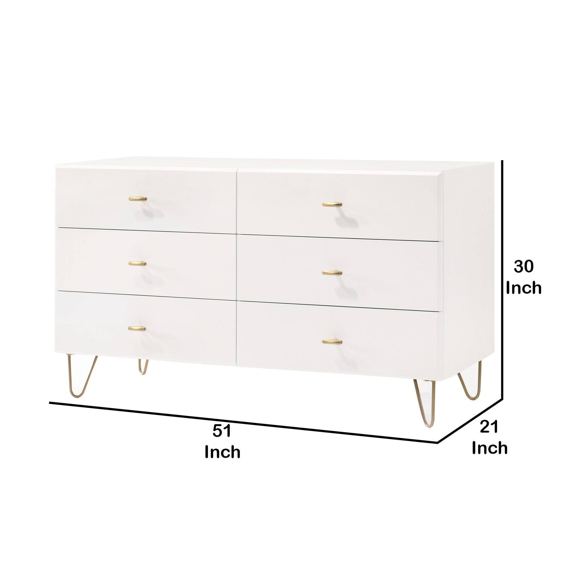 6 Drawer Wooden Dresser with Metal Hairpin Legs, White and Gold By Benzara | Dressers | Modishstore - 5