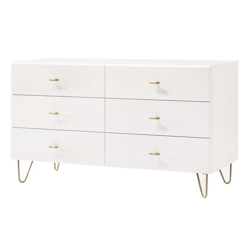 6 Drawer Wooden Dresser with Metal Hairpin Legs, White and Gold By Benzara | Dressers | Modishstore