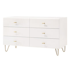 6 Drawer Wooden Dresser with Metal Hairpin Legs, White and Gold By Benzara