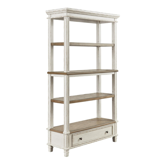 Wooden Bookcase with 4 Tier Shelves and Bottom Drawer, Brown and White By Benzara | Bookcases | Modishstore