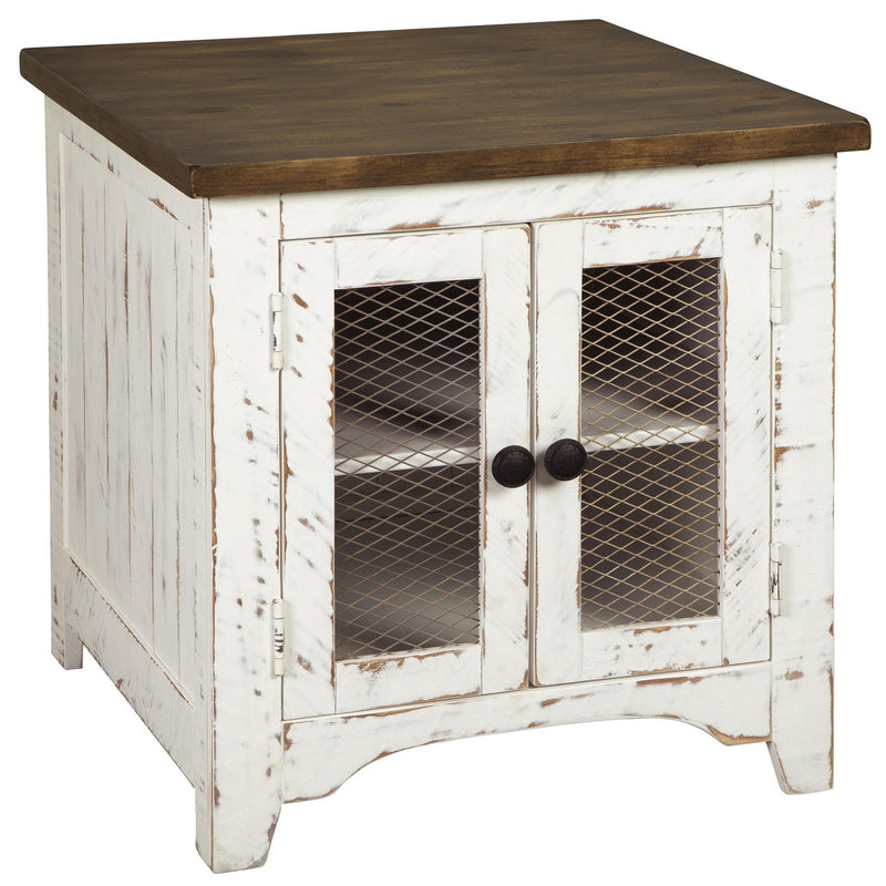 Two Tone Wooden End Table with Metal Grill Cabinet, Brown and White By Benzara | End Tables | Modishstore