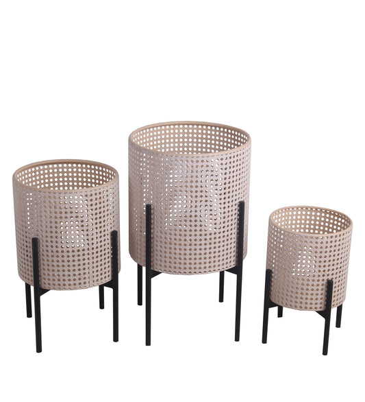 Lattice Round Metal Planter with Tubular Base, Set of 3, Black and Beige By Benzara | Planters, Troughs & Cachepots | Modishstore