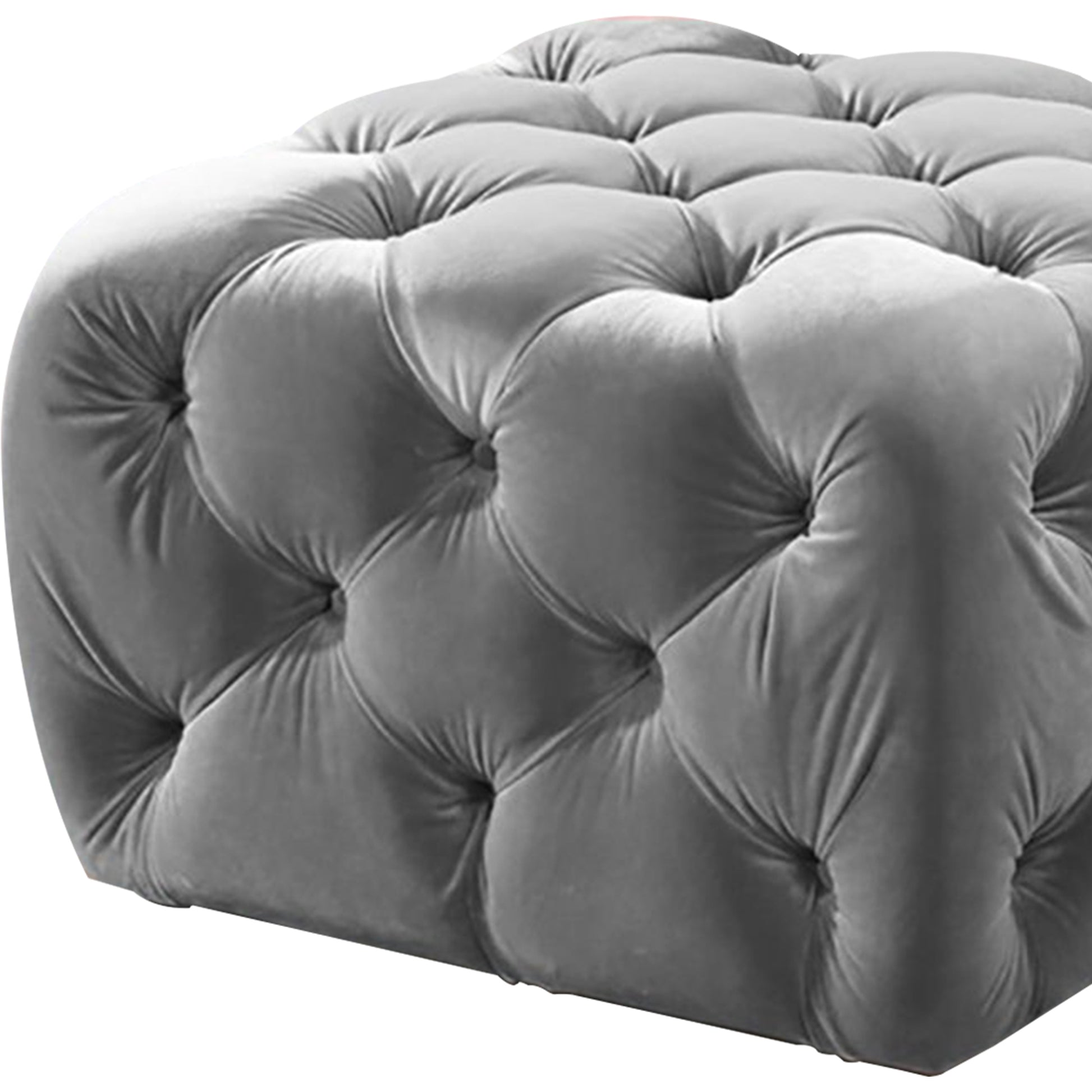 Button Tufted Velvet Fabric Upholstered Wooden Ottoman, Gray By Benzara | Ottomans | Modishstore - 5